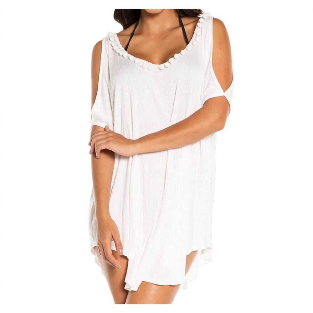 NEW ELIF corbel pom pom cold shoulder tunic top in white